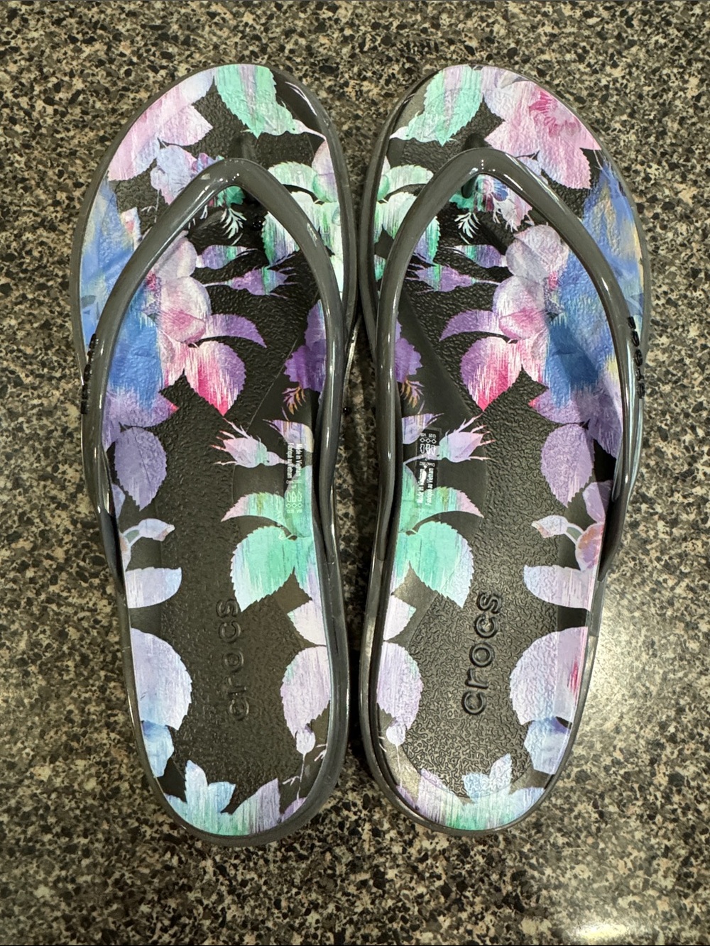 CROCS Women's Black Flip Flop Sandals with Pastel Floral Print
